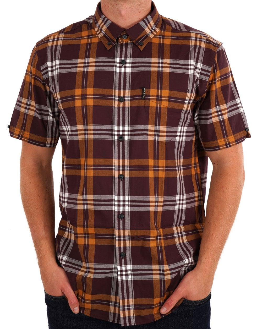 Ben Sherman – Kurzärmliges Hemd mit Blockkaromuster in Weinrot