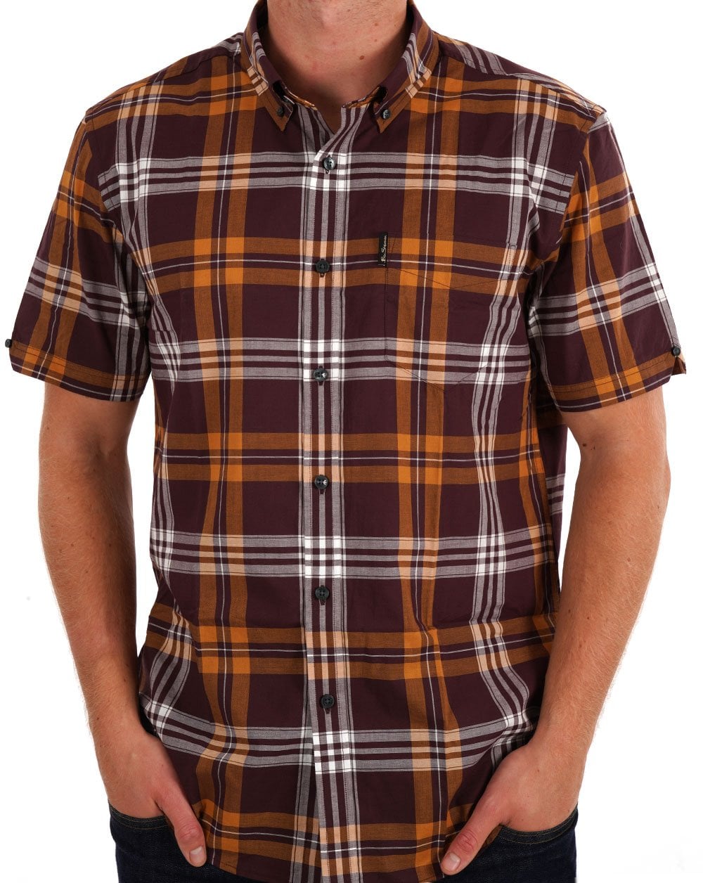 Ben Sherman – Kurzärmliges Hemd mit Blockkaromuster in Weinrot
