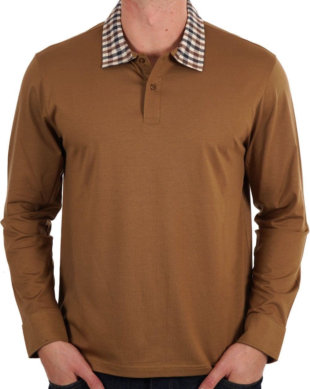 Aquascutum Club Poloshirt mit Karokragen, langärmelig, Toffee