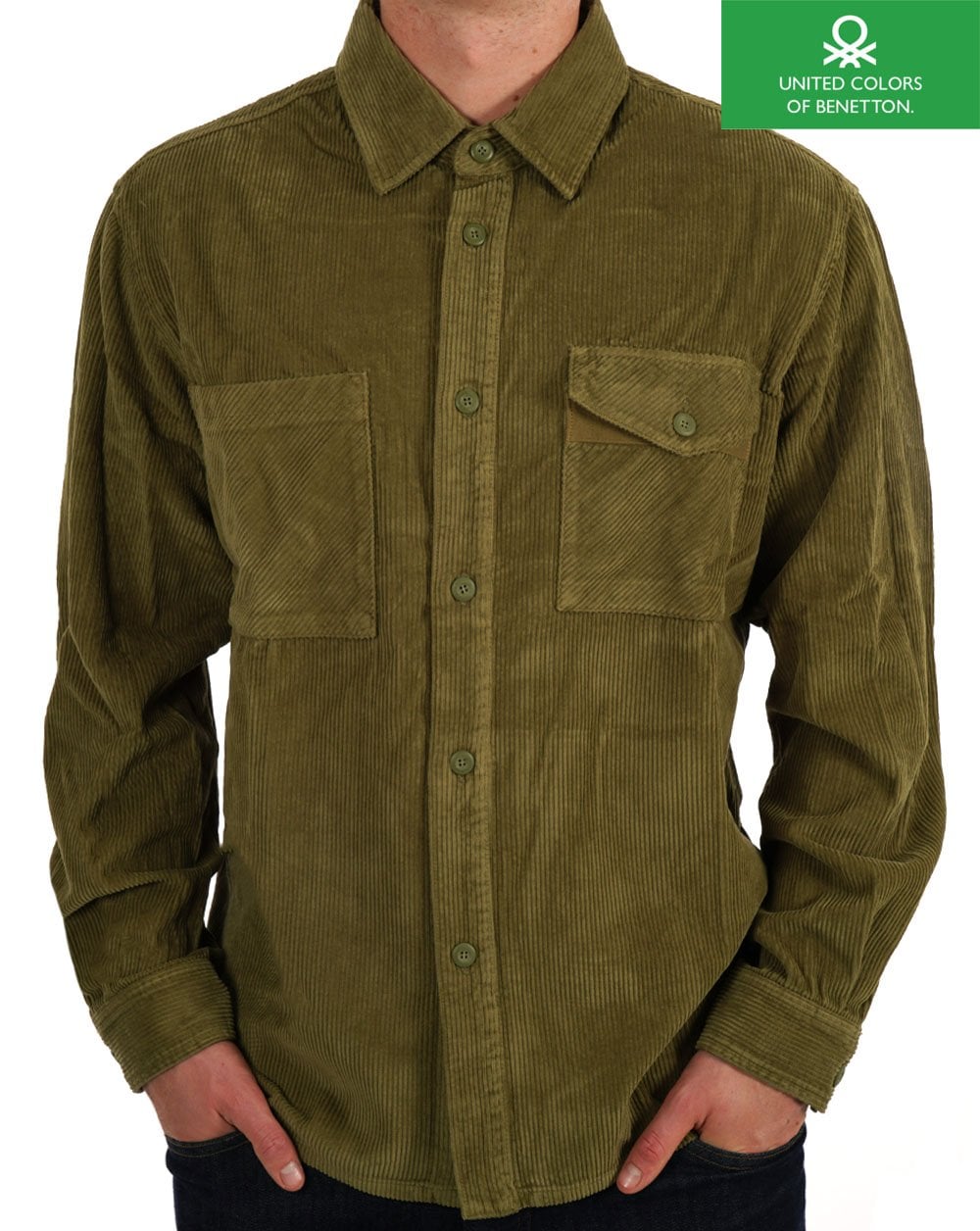 Benetton – Geripptes Cord-Overshirt in Khakigrün