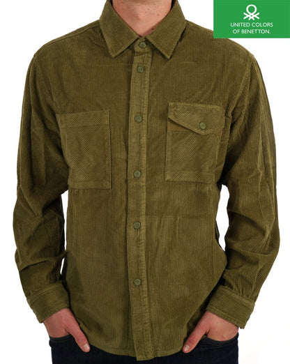 Benetton – Geripptes Cord-Overshirt in Khakigrün