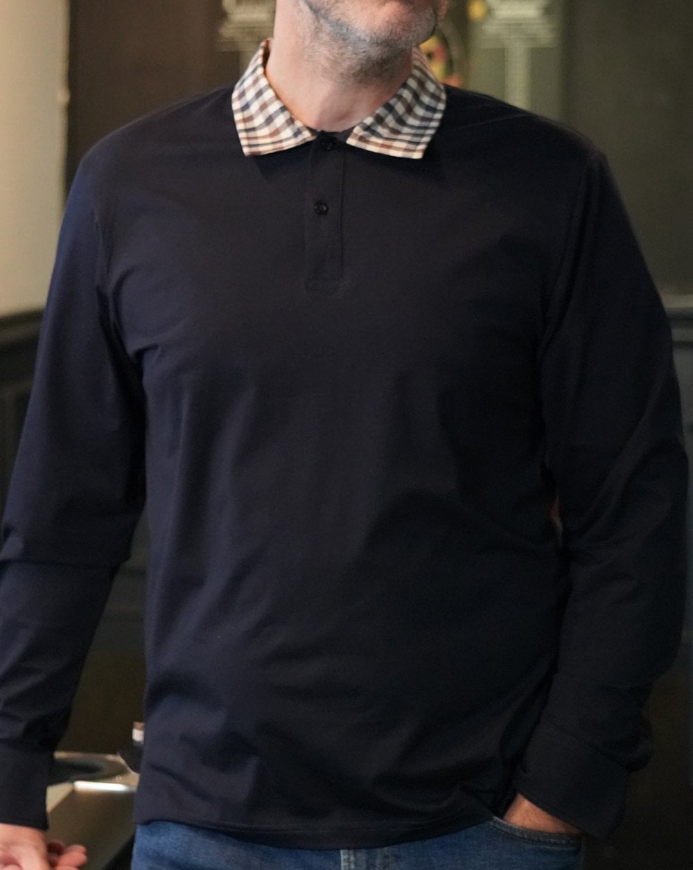 Aquascutum Club Karokragen Langarm-Poloshirt, Marineblau