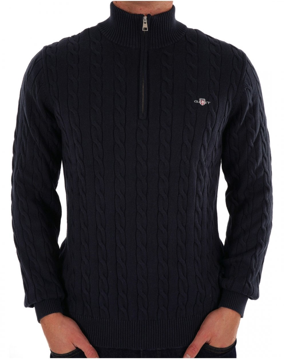 Gant Baumwollpullover mit Zopfmuster und halbem Reißverschluss, Marineblau