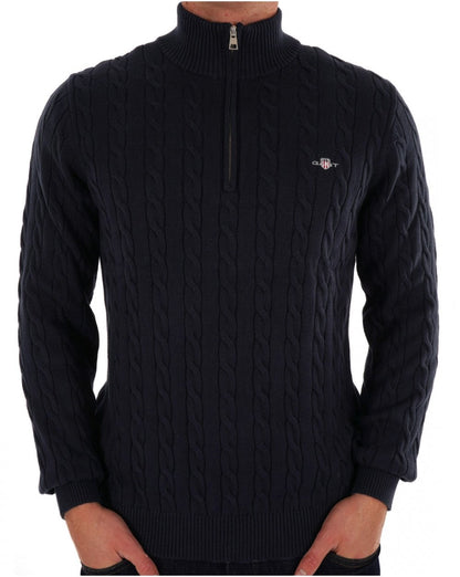 Gant Baumwollpullover mit Zopfmuster und halbem Reißverschluss, Marineblau