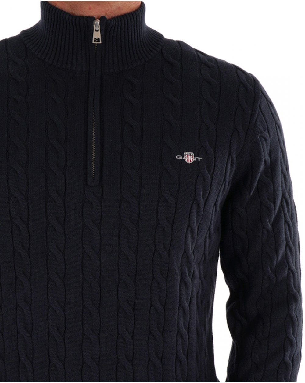 Gant Baumwollpullover mit Zopfmuster und halbem Reißverschluss, Marineblau