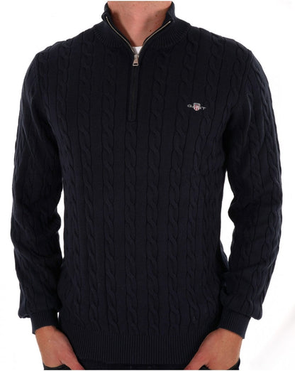Gant Baumwollpullover mit Zopfmuster und halbem Reißverschluss, Marineblau