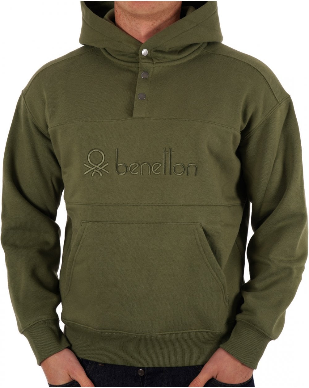 Benetton – Kapuzensweatshirt mit großem Logo in Khakigrün