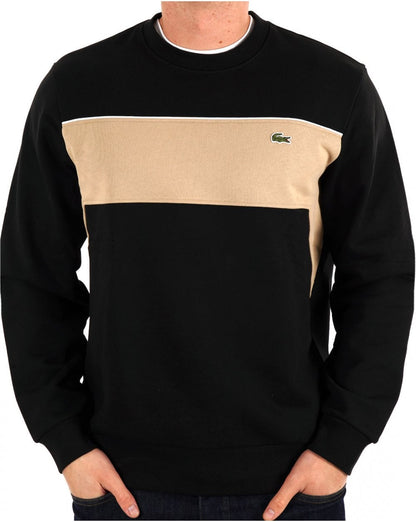 Lacoste – Sweatshirt mit Farbblockdesign in Schwarz und Sand