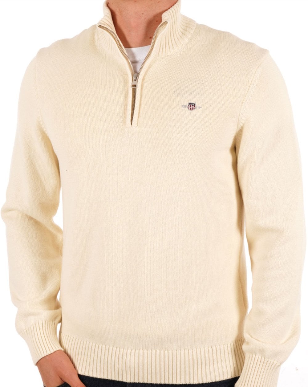 Gant Lässiger Baumwollpullover mit halbem Reißverschluss Creme