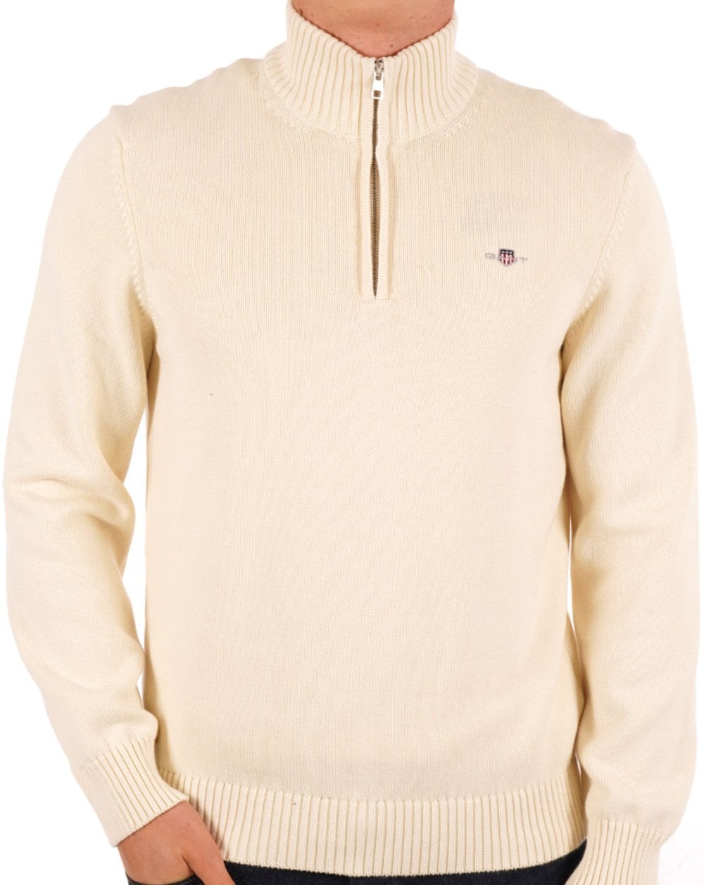 Gant Lässiger Baumwollpullover mit halbem Reißverschluss Creme