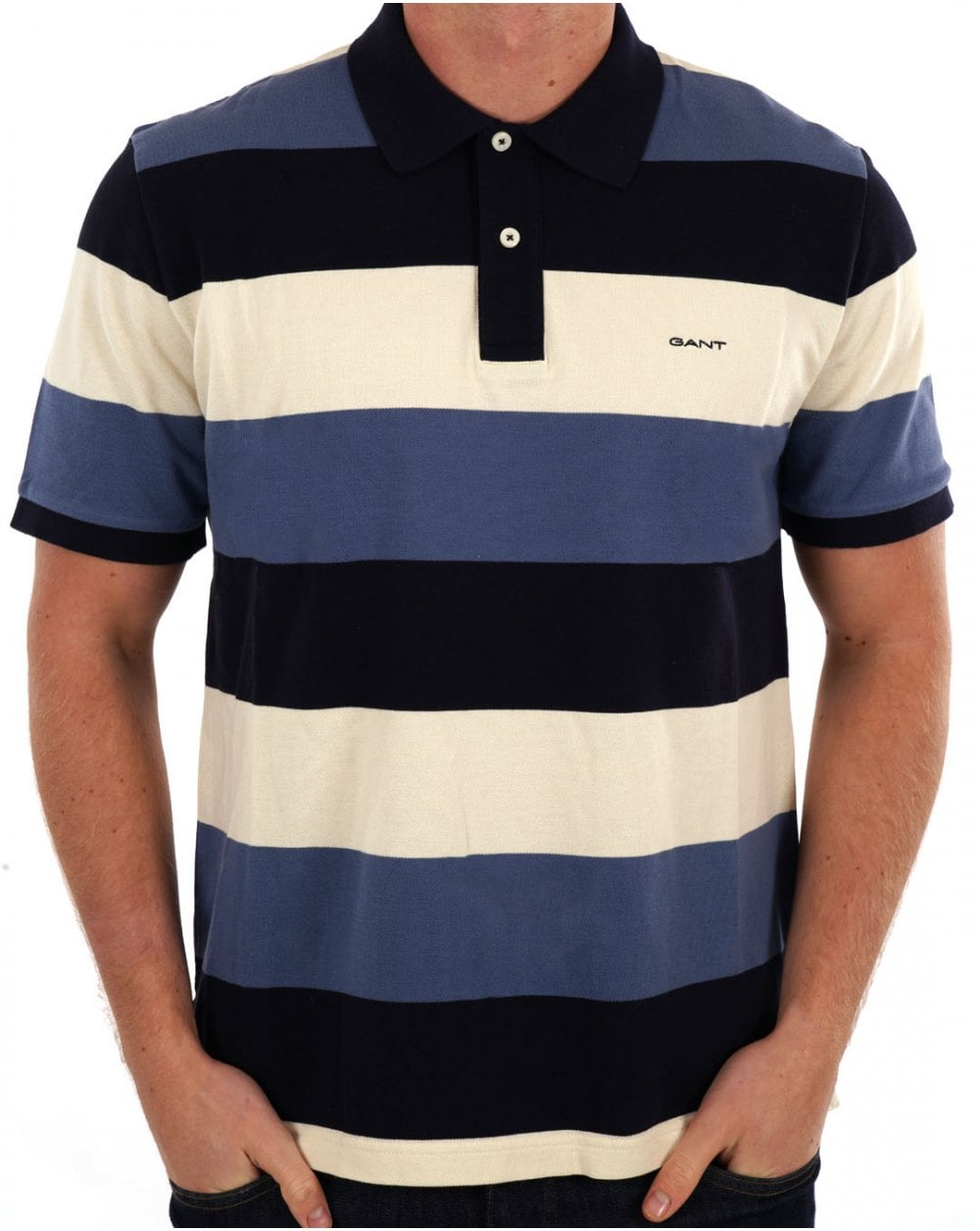 Gant – Blockstreifen-Piqué-Poloshirt in Marineblau