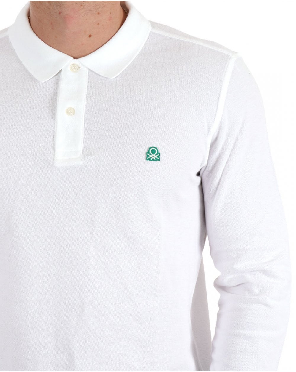 Benetton Langarm-Poloshirt Weiß