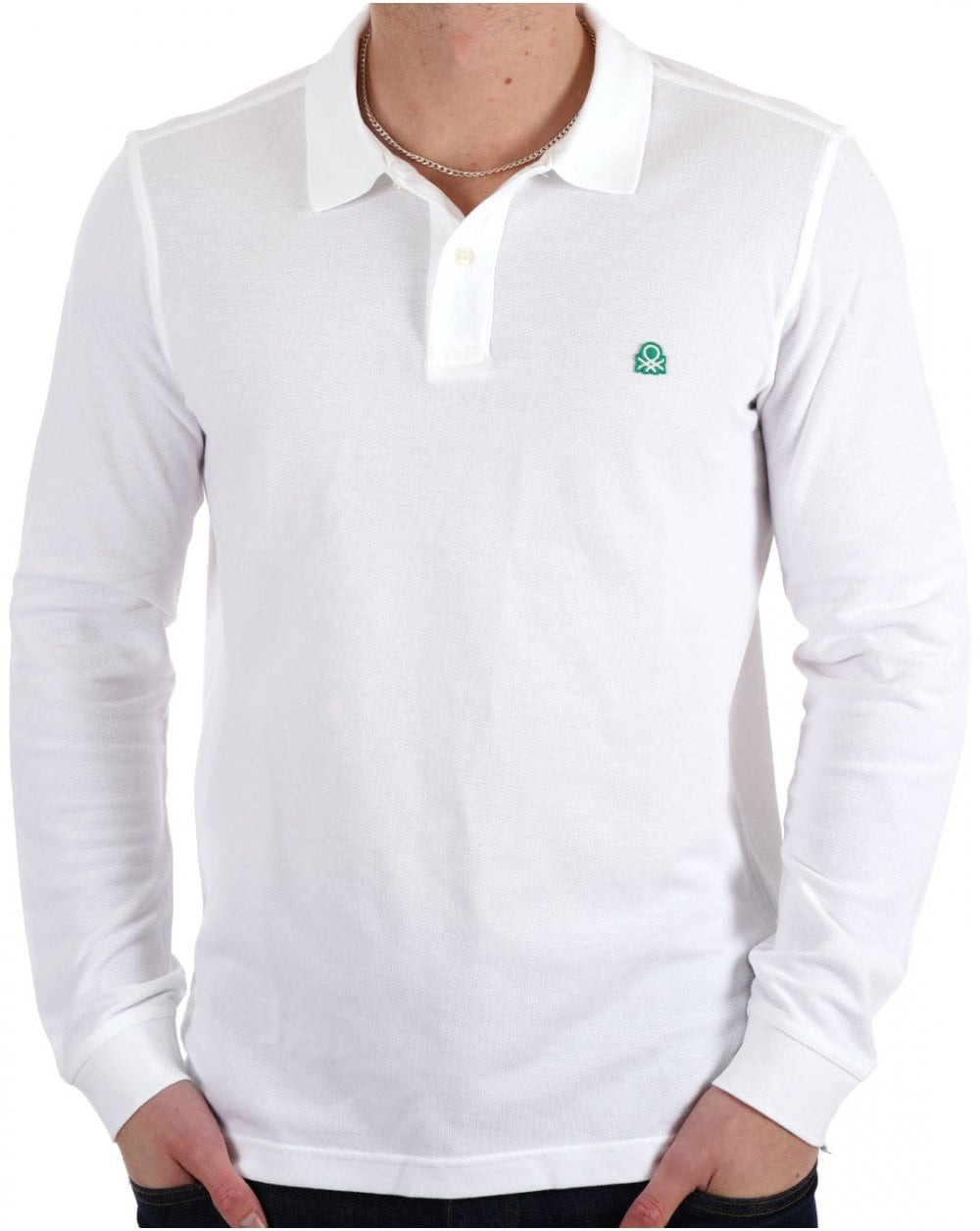 Benetton Langarm-Poloshirt Weiß