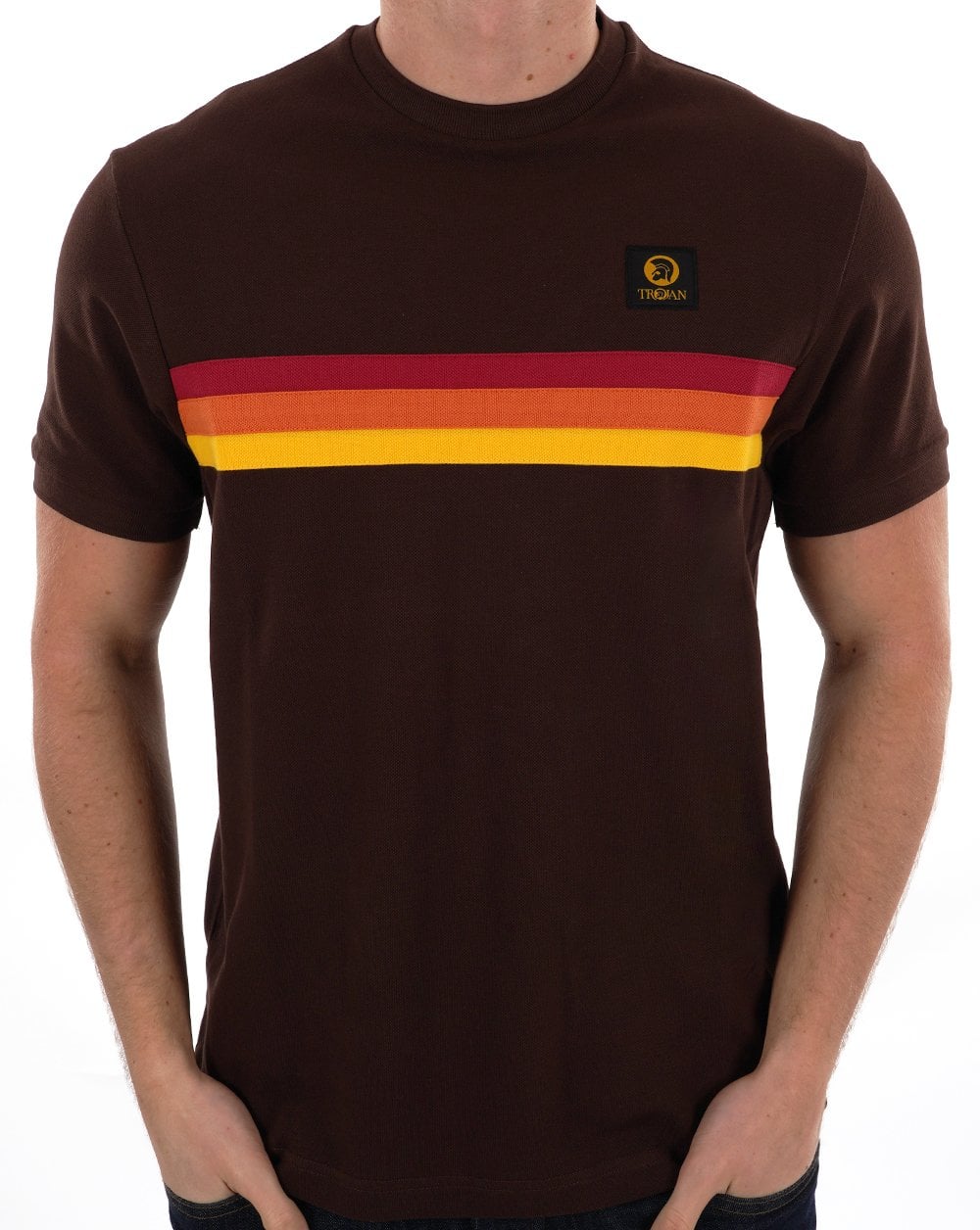 Trojan Retro-Streifen-Piqué-T-Shirt Schokolade