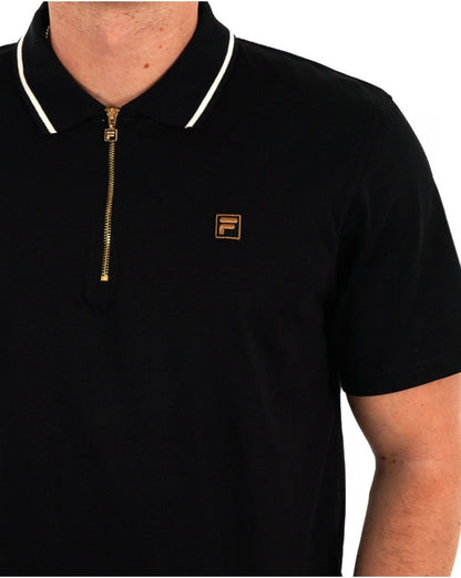 Fila – Poloshirt mit Reißverschluss und Goldspitze in Schwarz