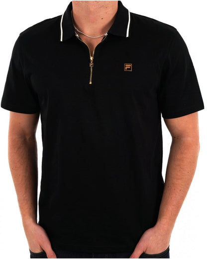 Fila – Poloshirt mit Reißverschluss und Goldspitze in Schwarz