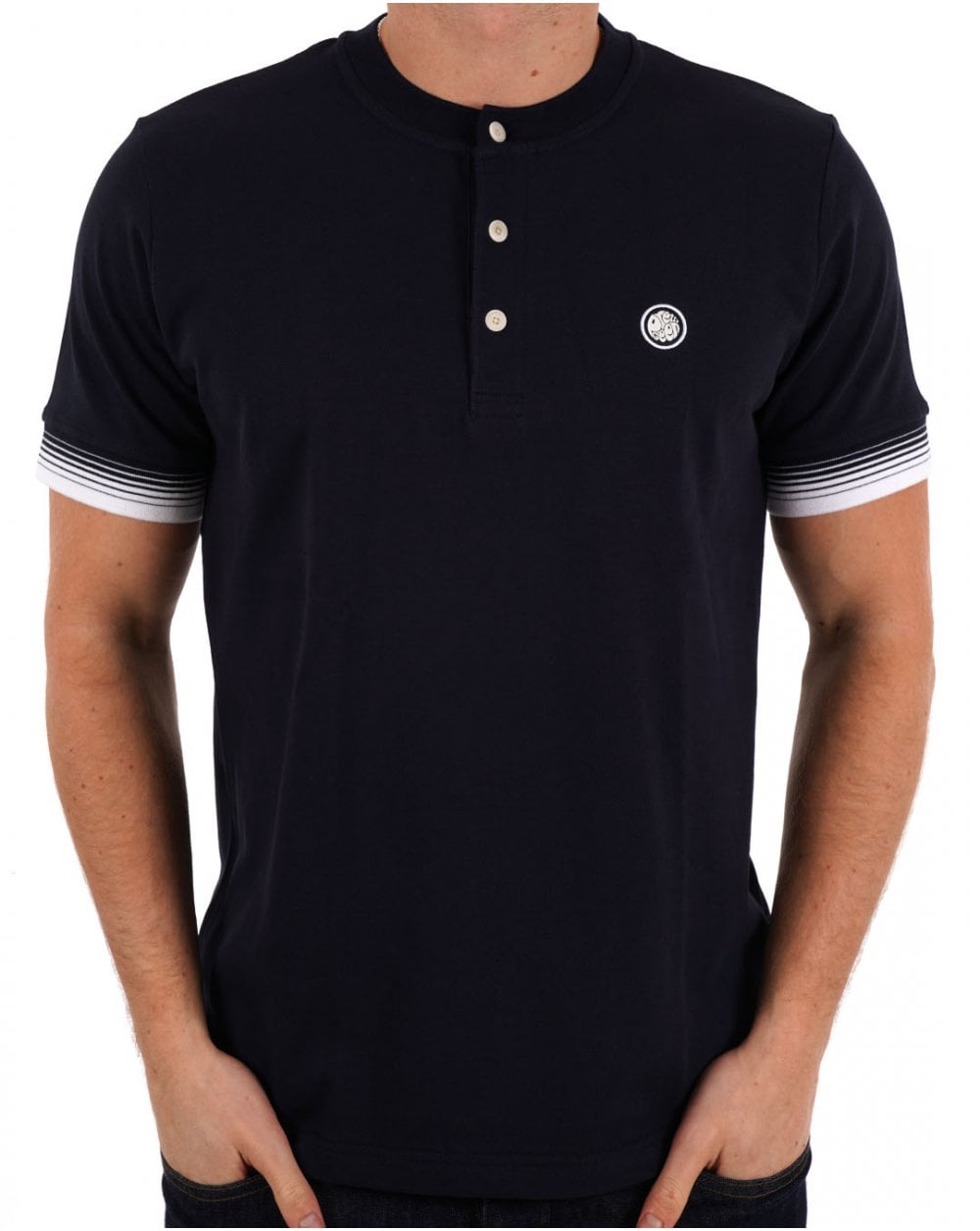 Pretty Green – Grandad-T-Shirt mit Farbverlauf und Streifen in Marineblau