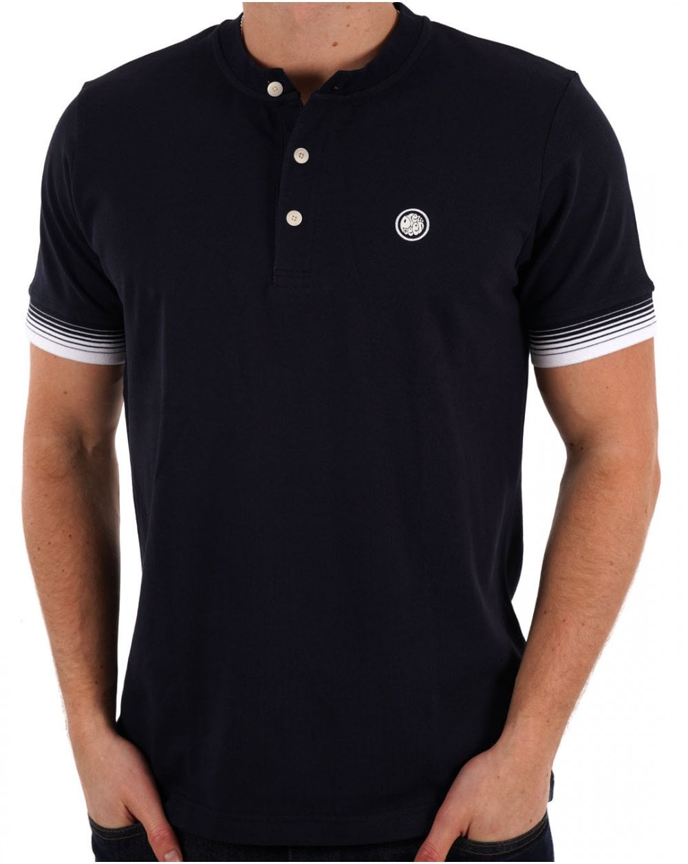 Pretty Green – Grandad-T-Shirt mit Farbverlauf und Streifen in Marineblau
