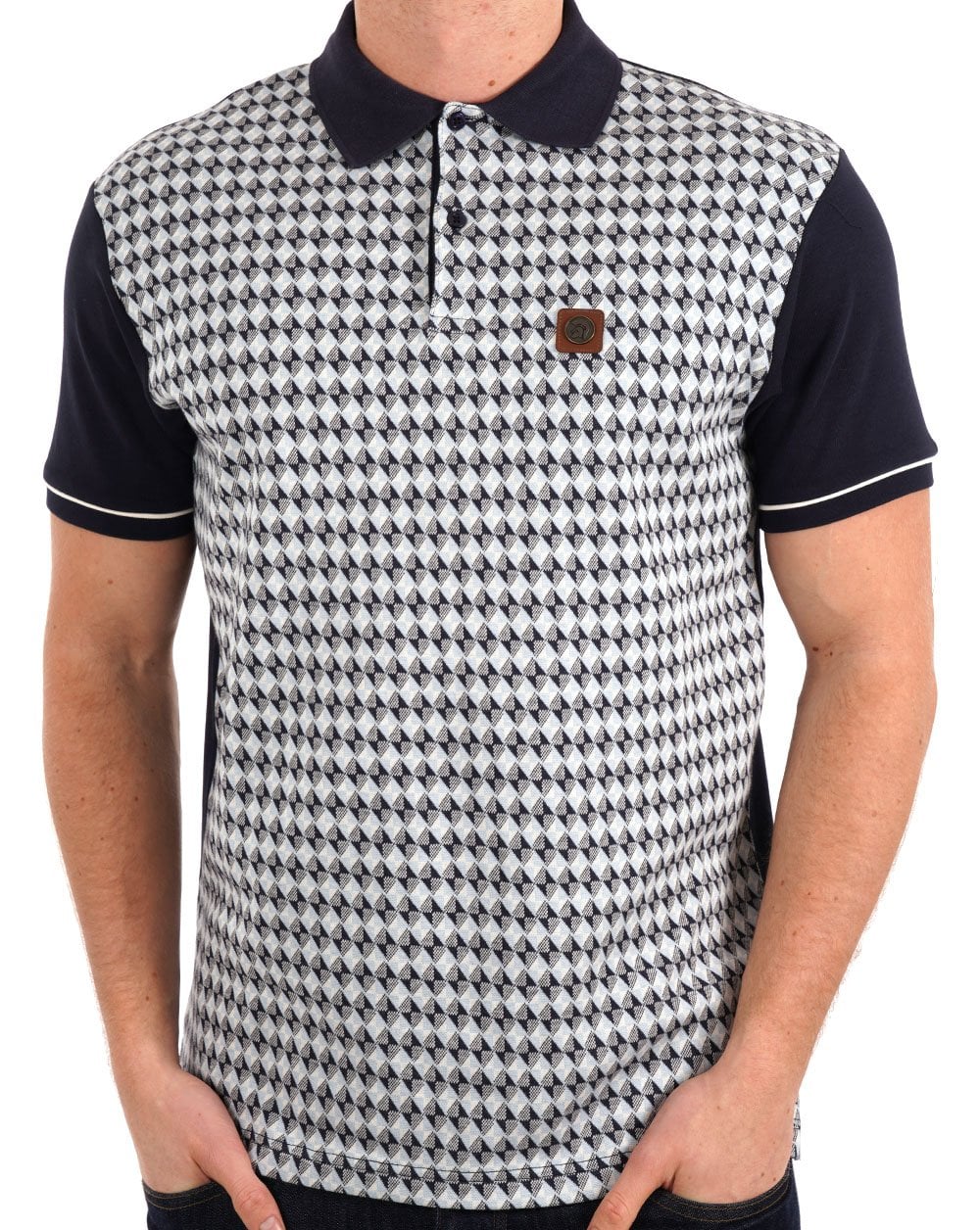 Trojan – Poloshirt mit diagonalem Jacquard-Einsatz in Marineblau
