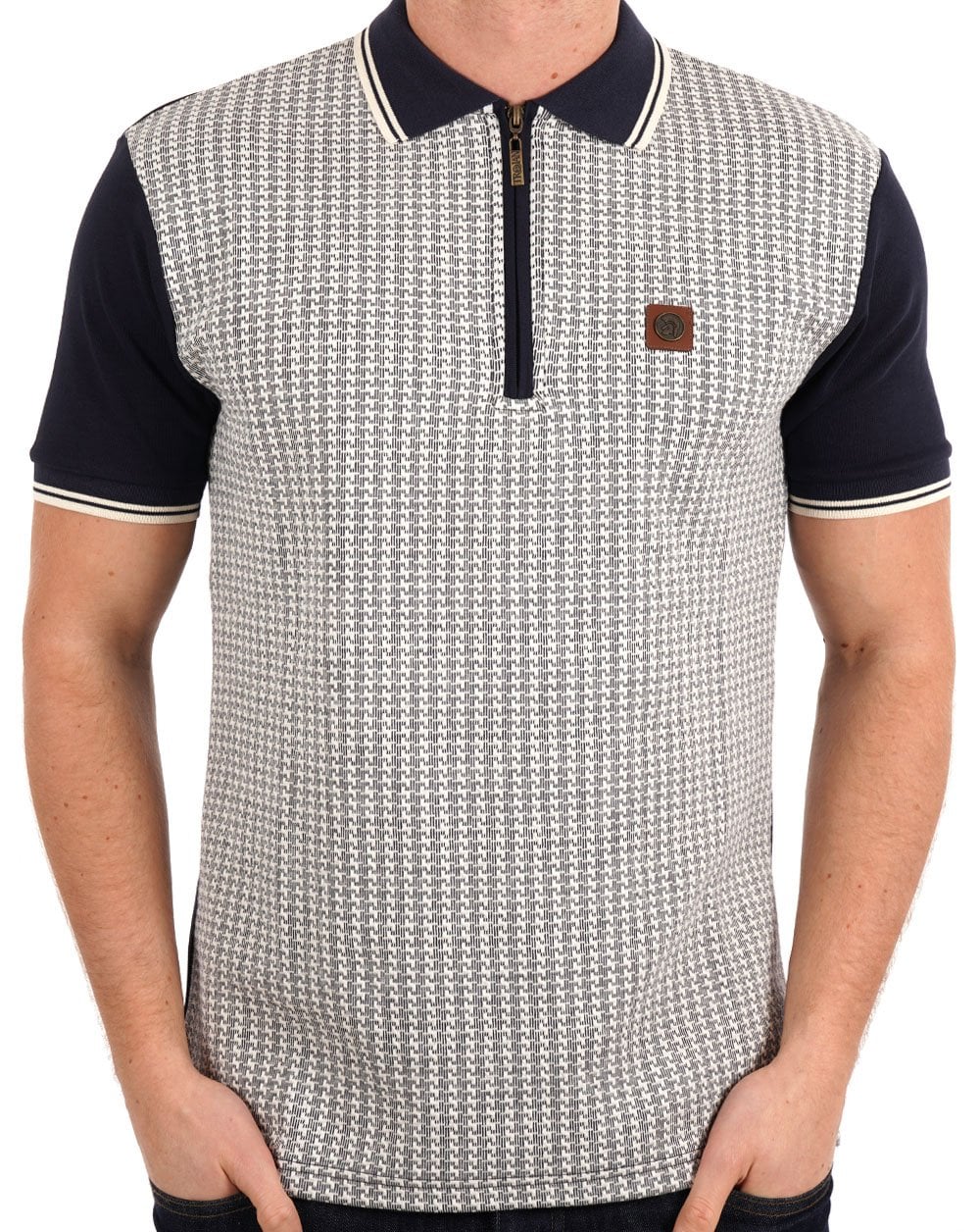 Trojan – Strukturiertes Poloshirt mit Hahnentrittmuster in Marineblau