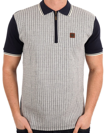 Trojan – Strukturiertes Poloshirt mit Hahnentrittmuster in Marineblau