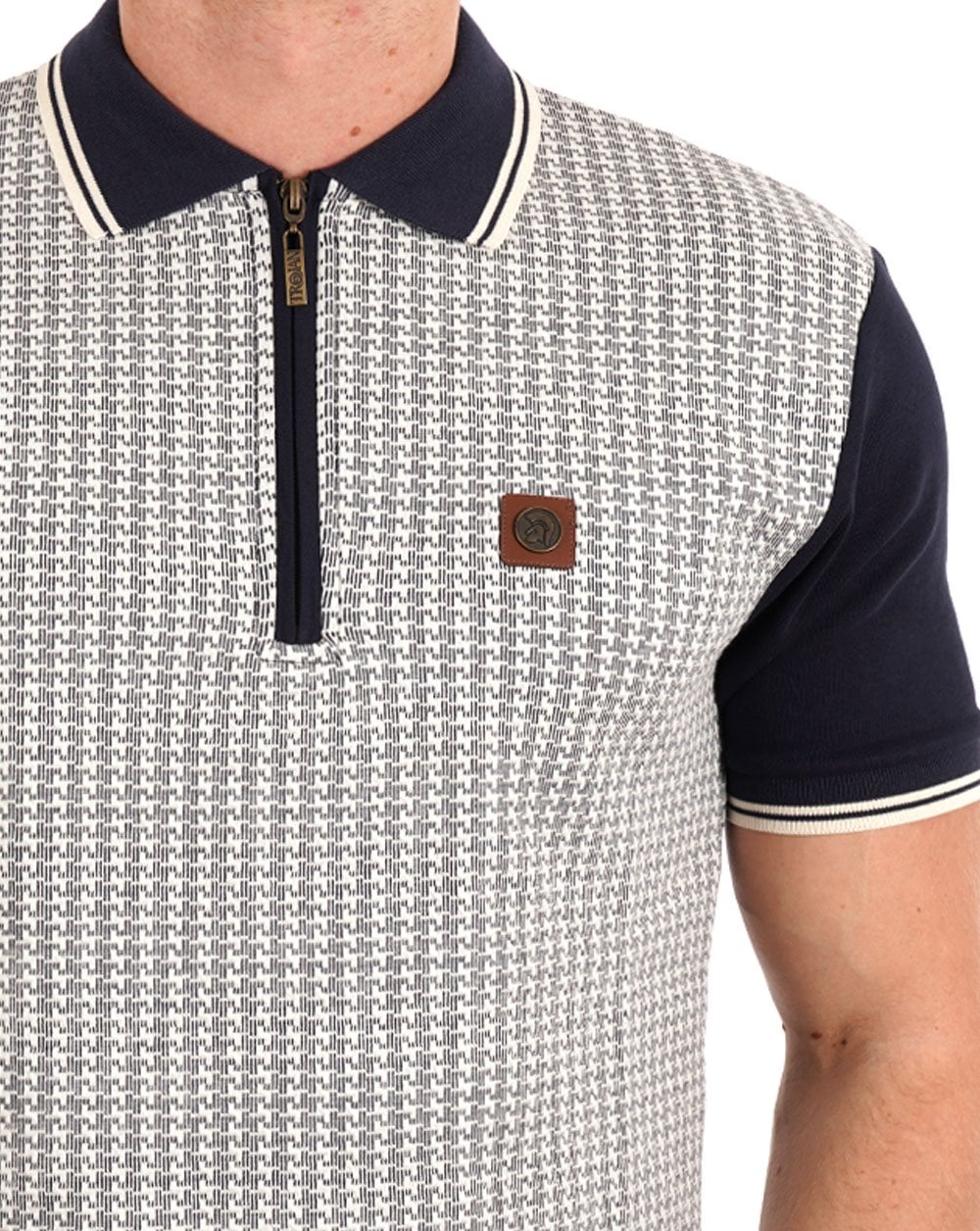 Trojan – Strukturiertes Poloshirt mit Hahnentrittmuster in Marineblau