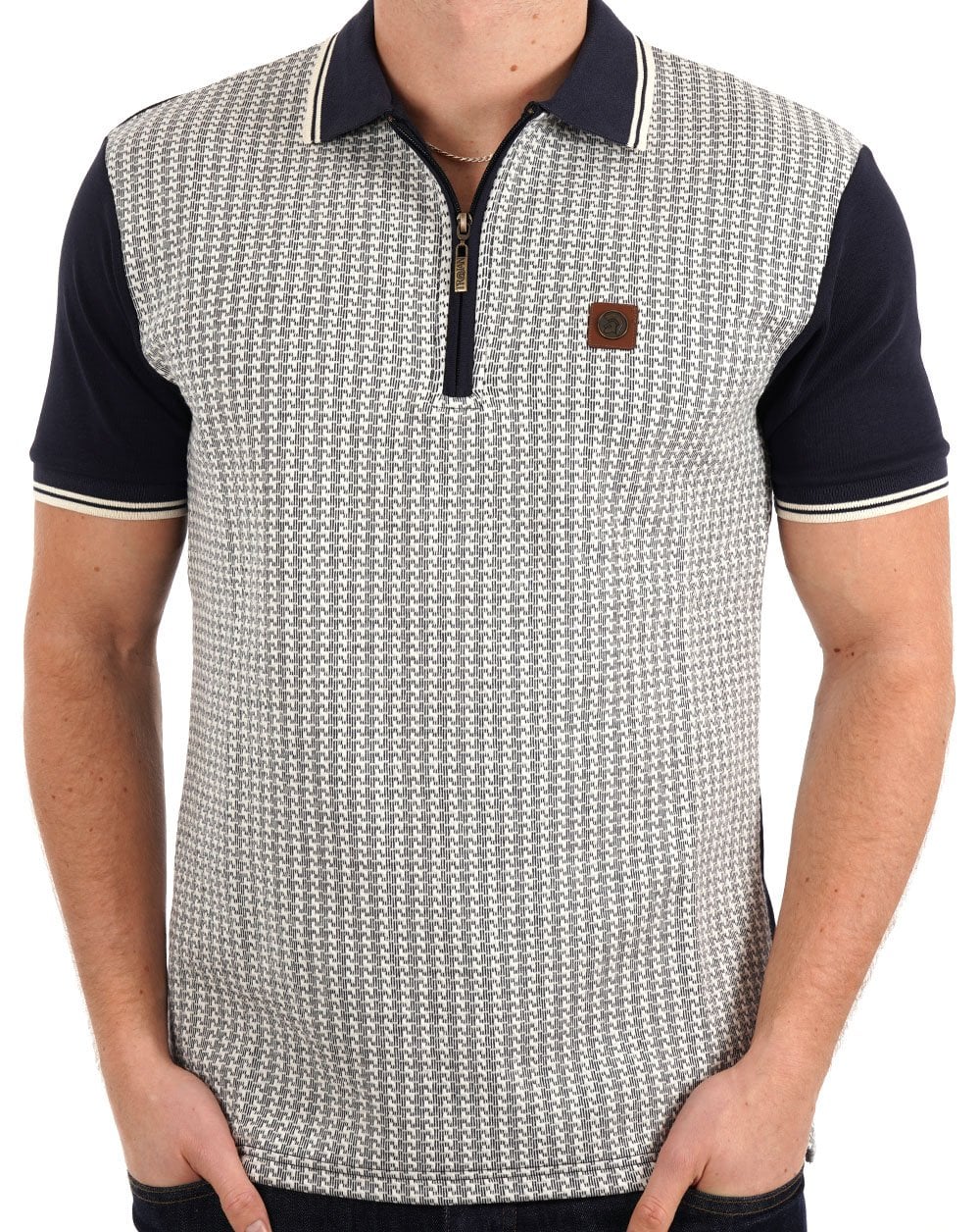 Trojan – Strukturiertes Poloshirt mit Hahnentrittmuster in Marineblau