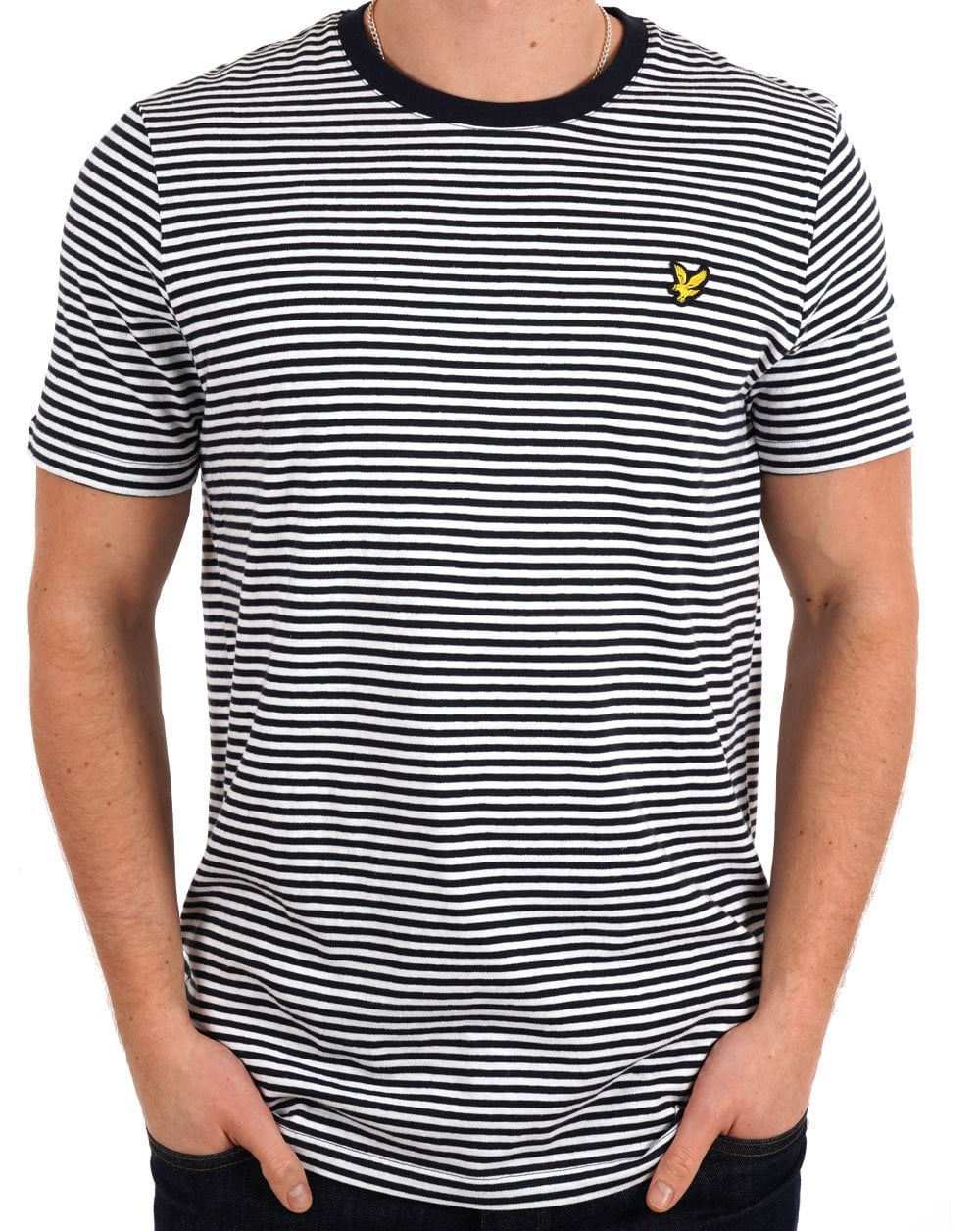 Lyle &amp; Scott – T-Shirt mit bretonischen Streifen aus Leinenmischung, Dunkelmarineblau/Weiß