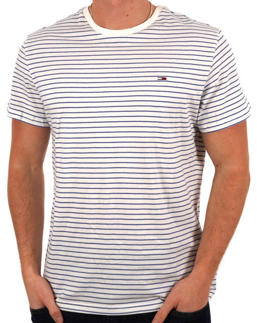 Tommy Jeans – Schmal gestreiftes T-Shirt Ecru/Blau