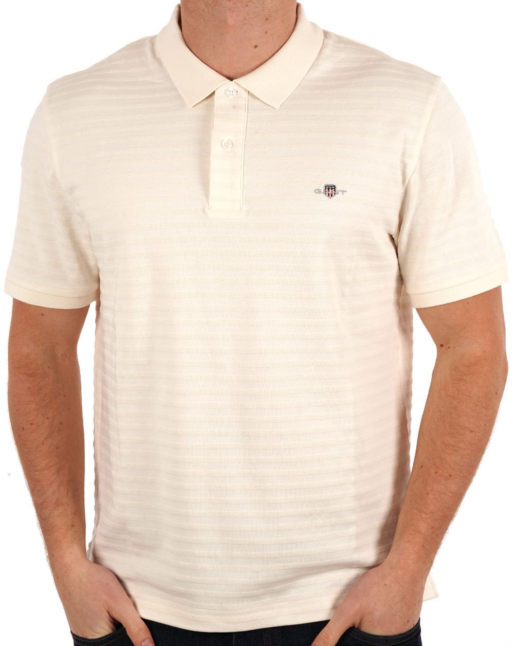 Gant – Strukturiertes Poloshirt mit Streifen in Creme