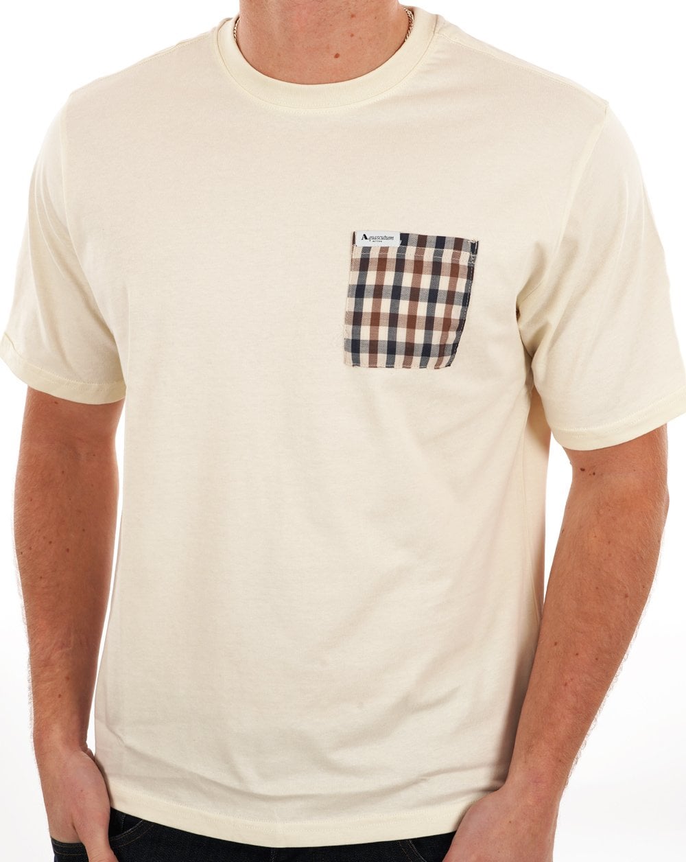 Aquascutum Club – Kariertes T-Shirt mit Tasche in Off-White