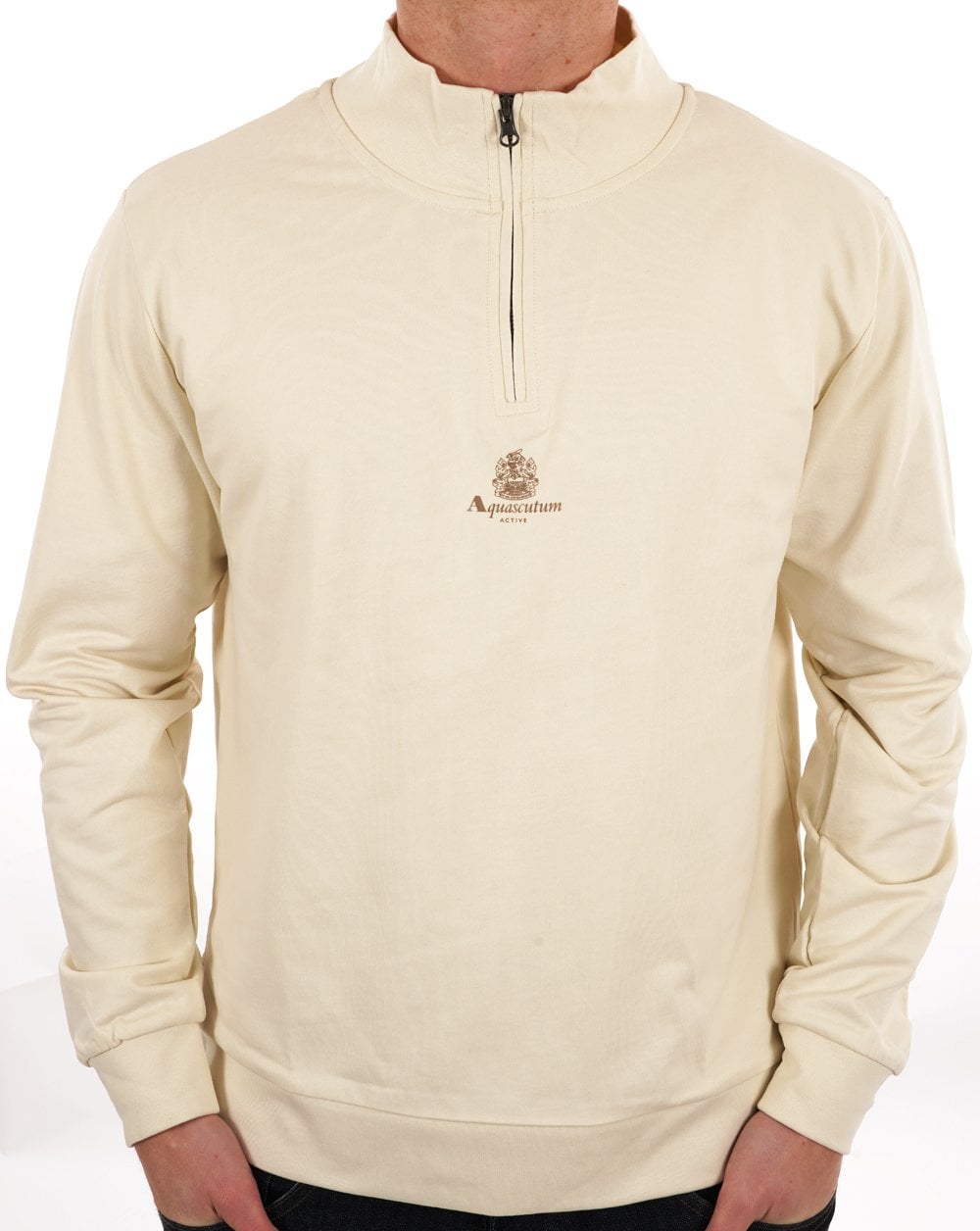 Aquascutum – Sweatshirt mit 1/4-Reißverschluss und kleinem Logo in Off-White