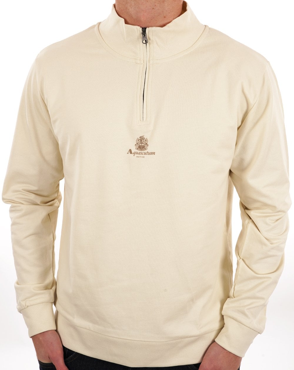 Aquascutum – Sweatshirt mit 1/4-Reißverschluss und kleinem Logo in Off-White