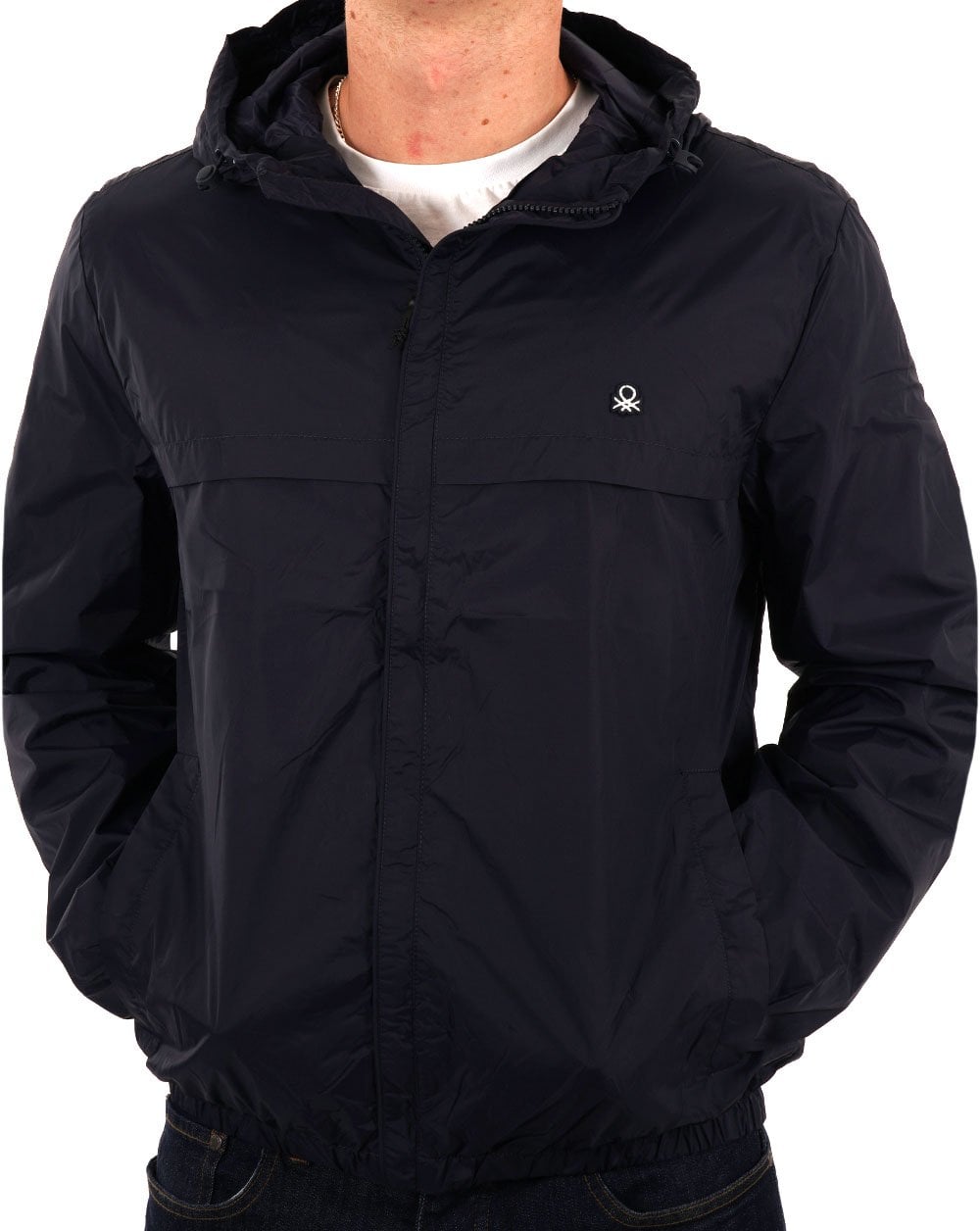 Benetton – Regenschutzjacke mit Kapuze in Marineblau