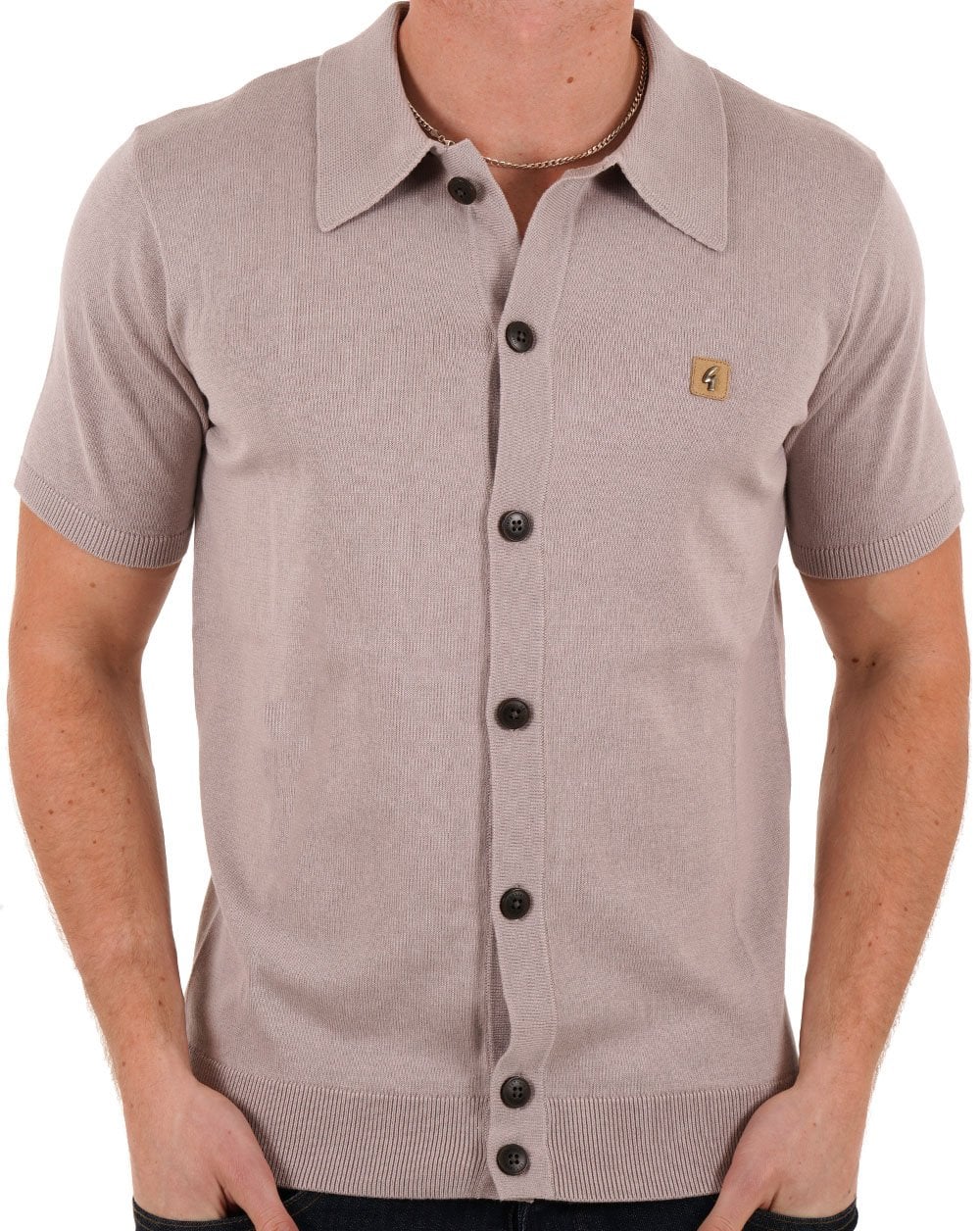 Gabicci Vintage Poloshirt aus Strick mit durchgehenden Knöpfen, Pilzmuster