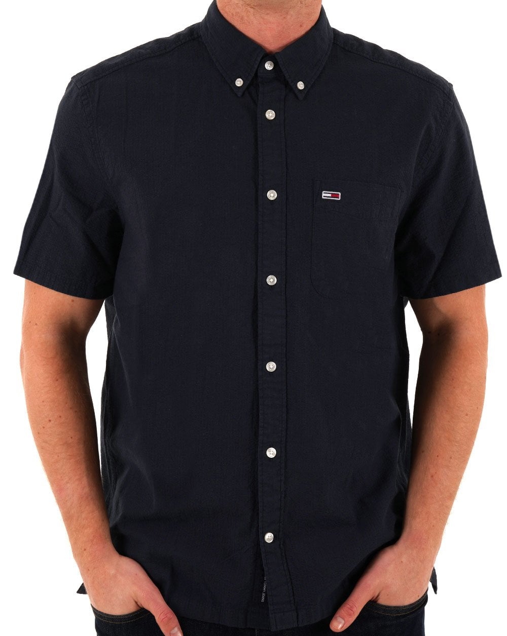 Tommy Jeans – Seersucker-Kurzarmhemd in Dunkelmarineblau