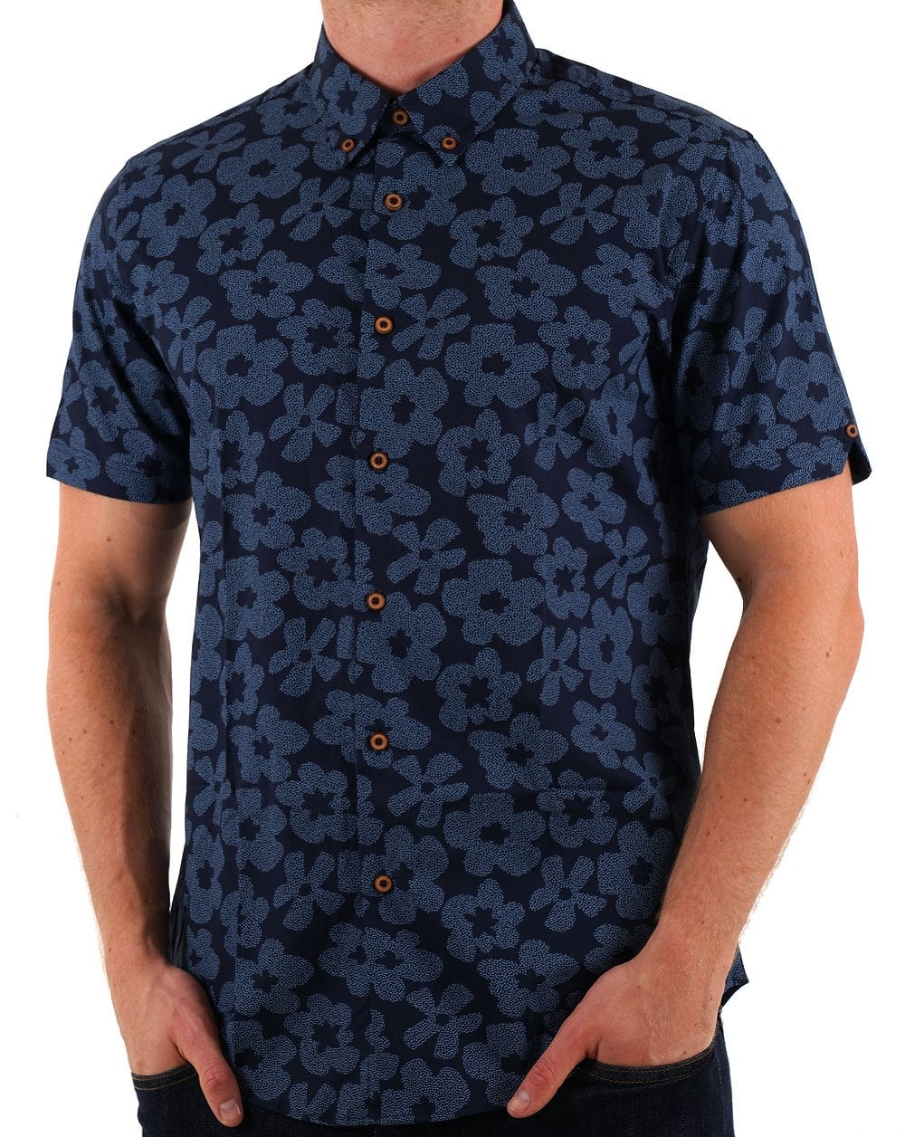Ben Sherman – Kurzarmhemd mit Blumenmuster und Punktmuster, Dunkelmarineblau