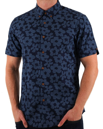 Ben Sherman – Kurzarmhemd mit Blumenmuster und Punktmuster, Dunkelmarineblau