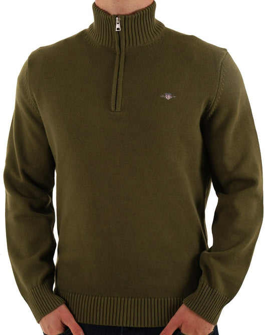 Gant Gant Baumwollpullover mit halbem Reißverschluss, Moosgrün