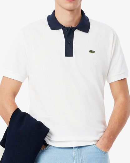 Lacoste L.12.12 Poloshirt mit Kontrastkragen Weiß / Marineblau