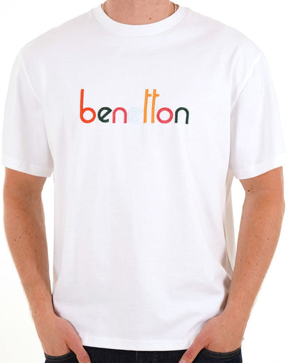 Benetton – T-Shirt mit gesticktem Logo, Weiß/Mehrfarbig