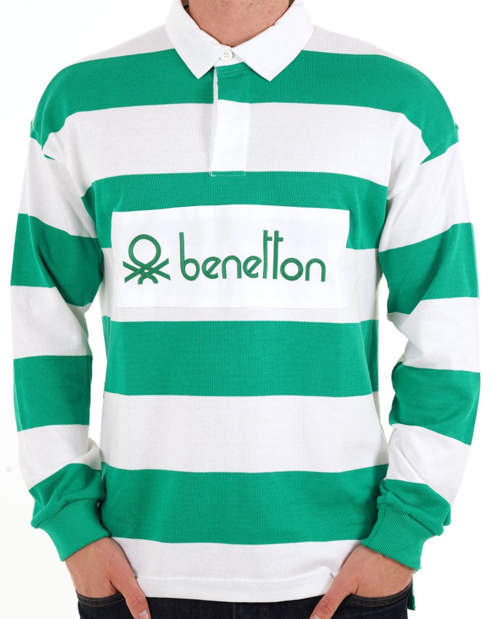 Benetton Gestreiftes Rugby-Shirt Weiß/Grün