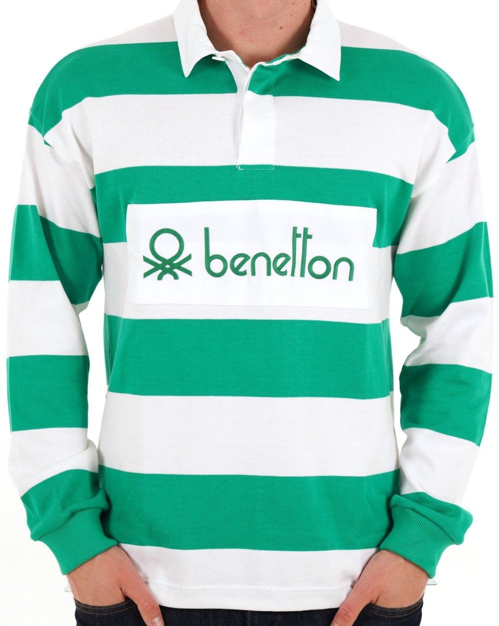 Benetton Gestreiftes Rugby-Shirt Weiß/Grün