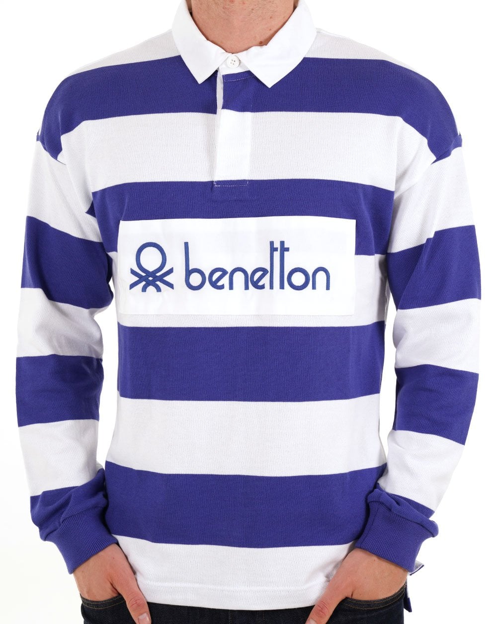 Benetton Gestreiftes Rugby-Shirt Weiß/Blau