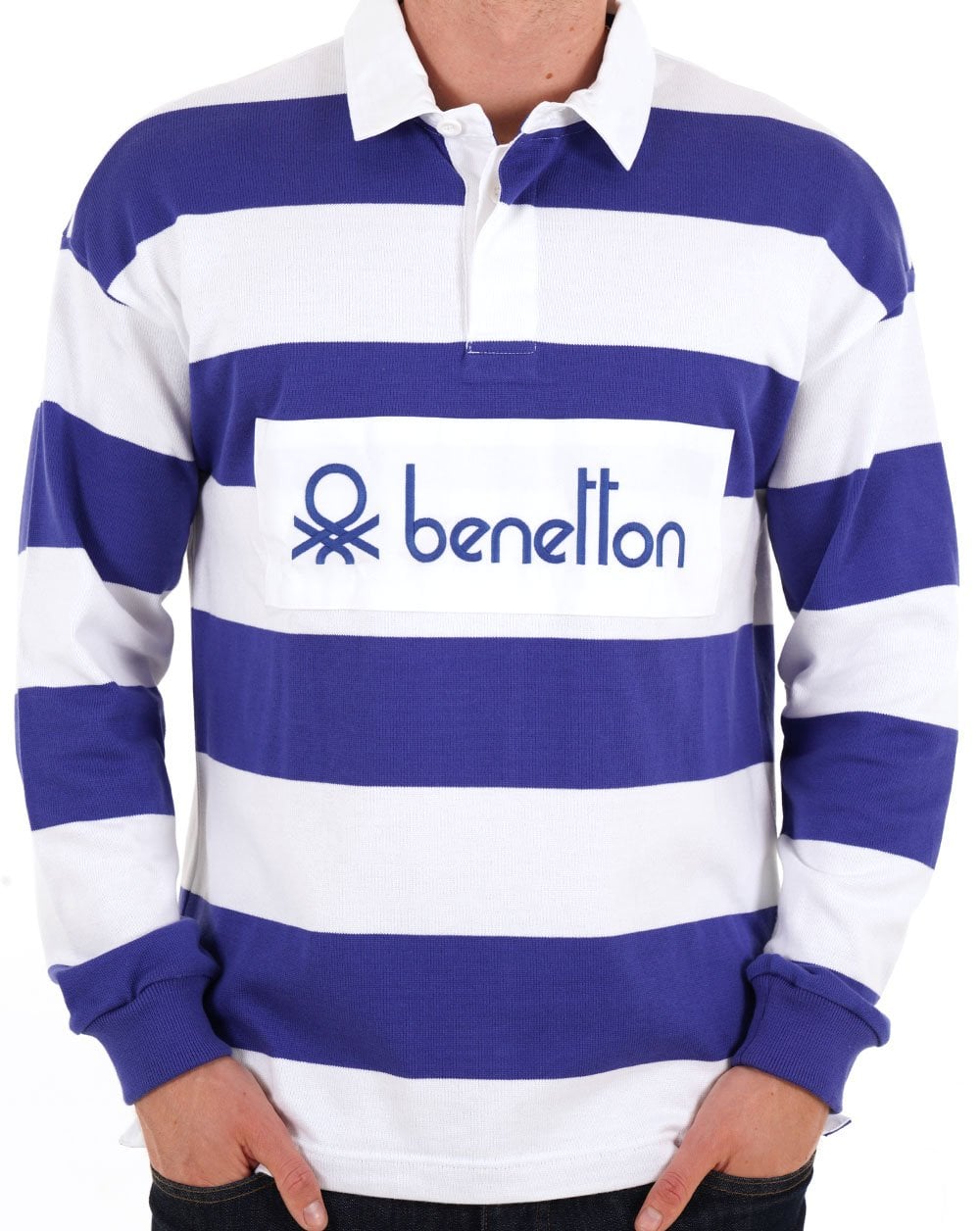 Benetton Gestreiftes Rugby-Shirt Weiß/Blau