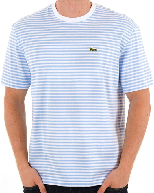 Lacoste – Gestreiftes T-Shirt aus schwerer Baumwolle, Weiß/Himmelblau