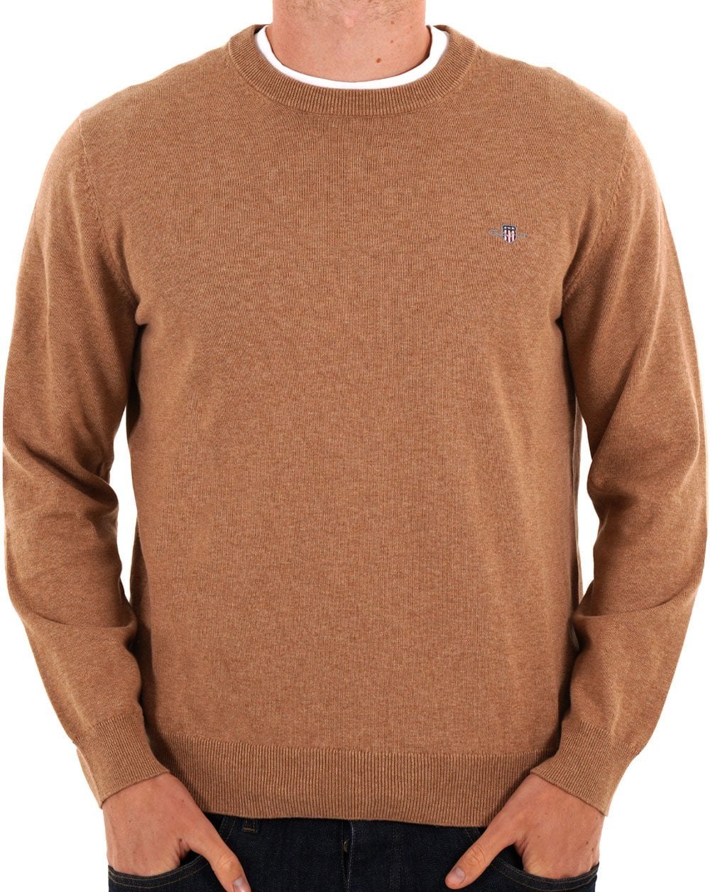 Gant – Klassischer Baumwollpullover mit Rundhalsausschnitt, dunkles Sandmeliert