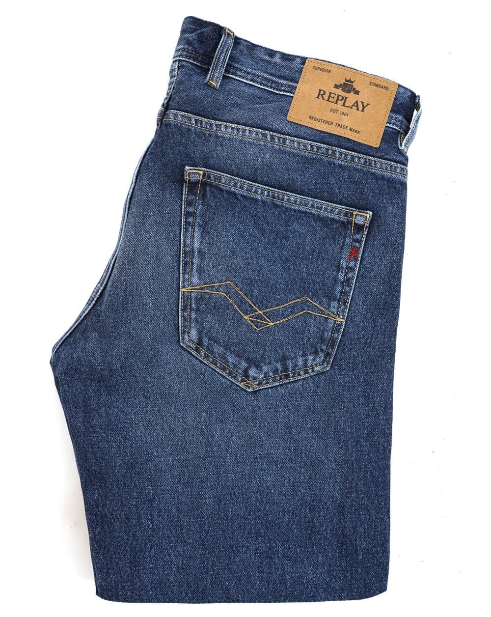 Replay – Grover – Straight Fit-Jeans in Dunkelblau mit verwaschenem Design