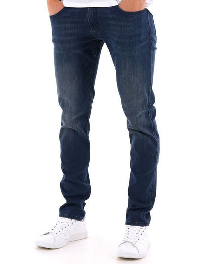 Replay – Anbass – Slim-Fit-Jeans in Dunkelblau mit verwaschenem Muster