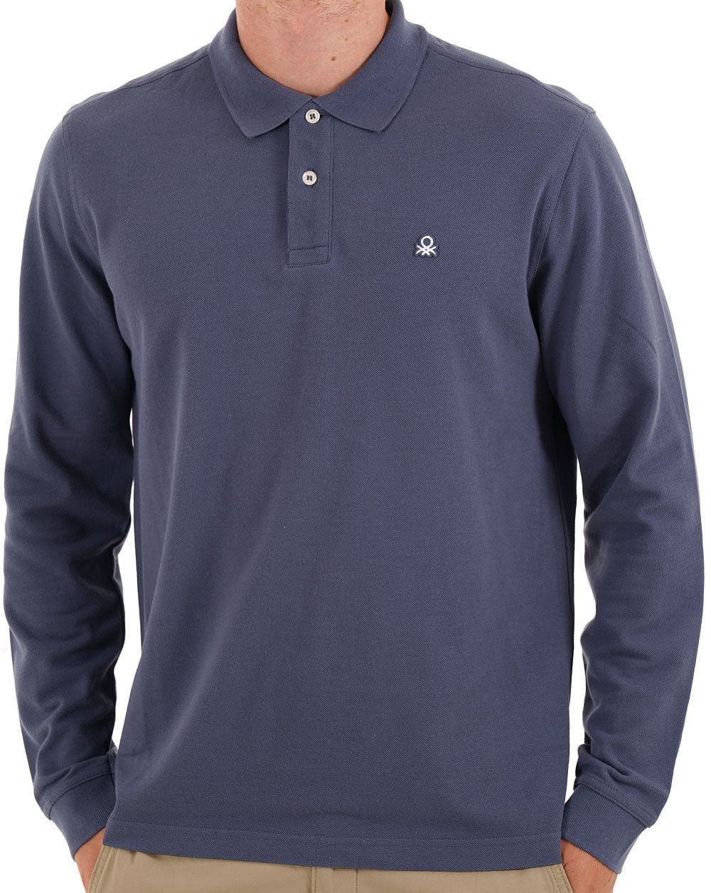 Benetton Langarm-Poloshirt, gewaschenes Marineblau